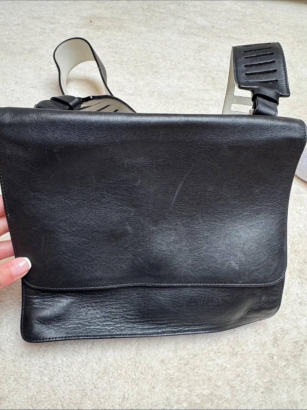 Vince Black Leather Crossbody Bag with Sculpted Gray Strap